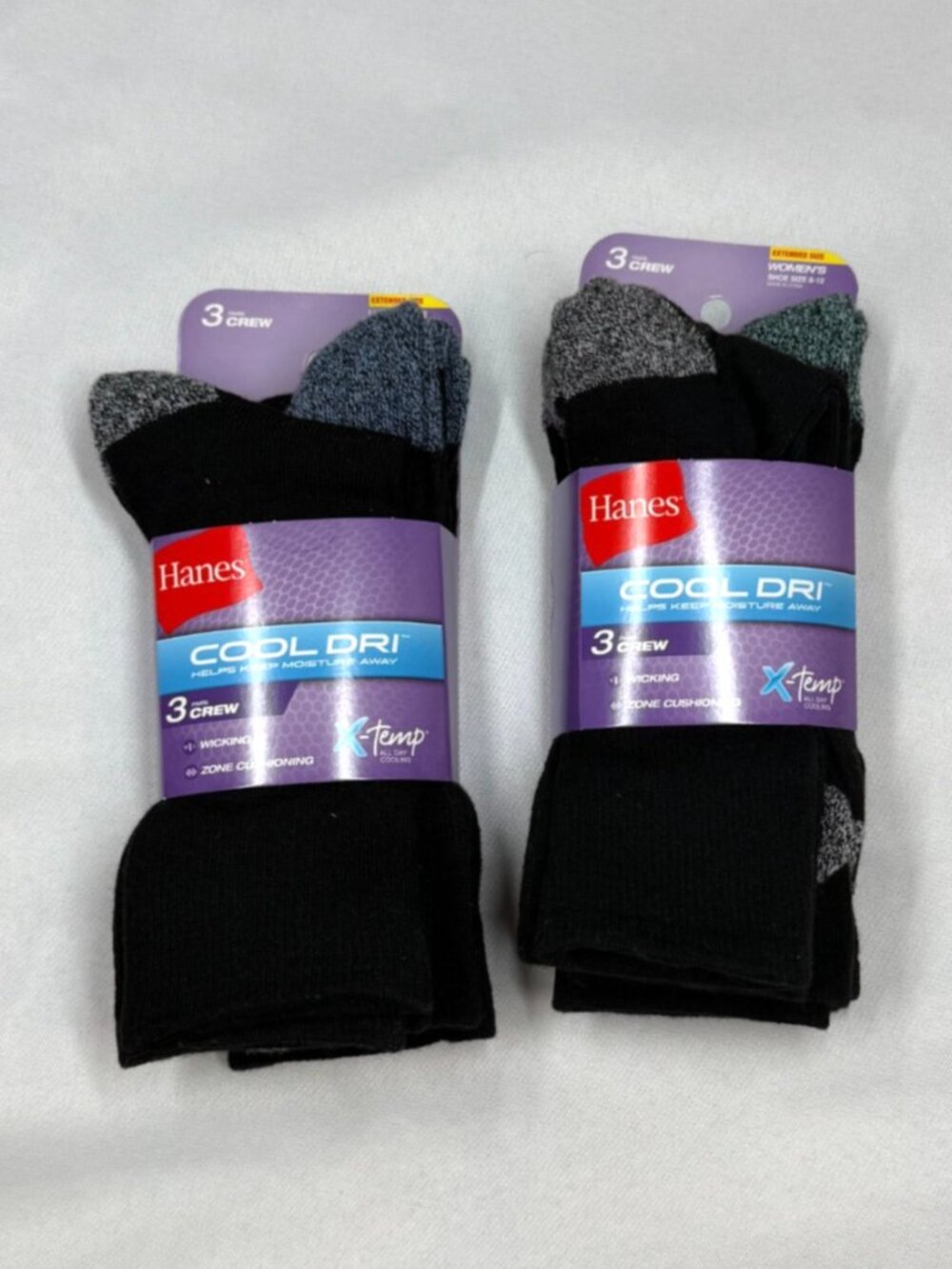 Hanes Cool Dri Crew Socks Women EXTENDED Size 6 Pairs Black Cushion NWT